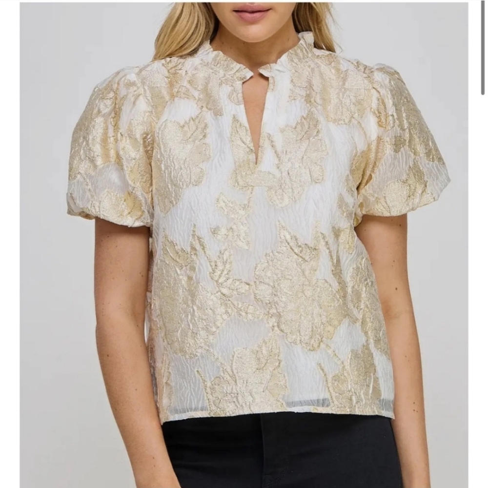 Ellison Noella Gold Foiled Puff Sleeve Top Sz M NWT - Picture 1 of 10